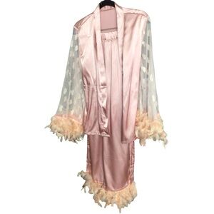 Amazon Pink Satin Pajamas with Heart Mesh and Feather Trim 2piece set size s